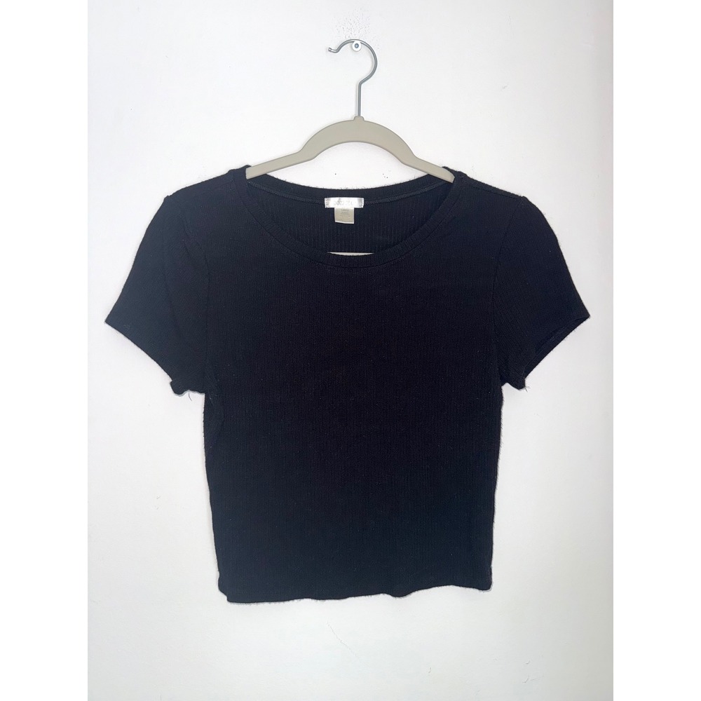 Bozzolo Womens Black Ribbed Short Sleeve Crop Top Large